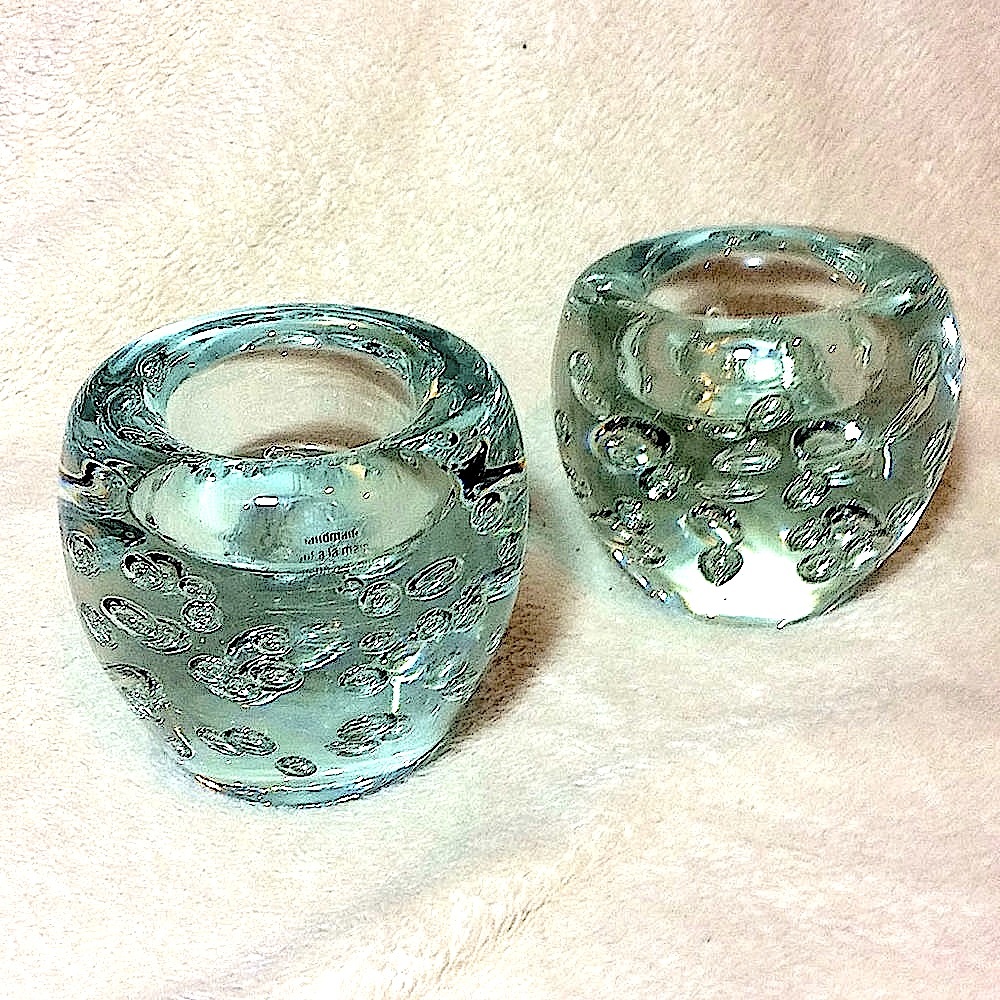 2 crate & barrel bubble sphere glass tealights /,Candle holders 3” Handmade